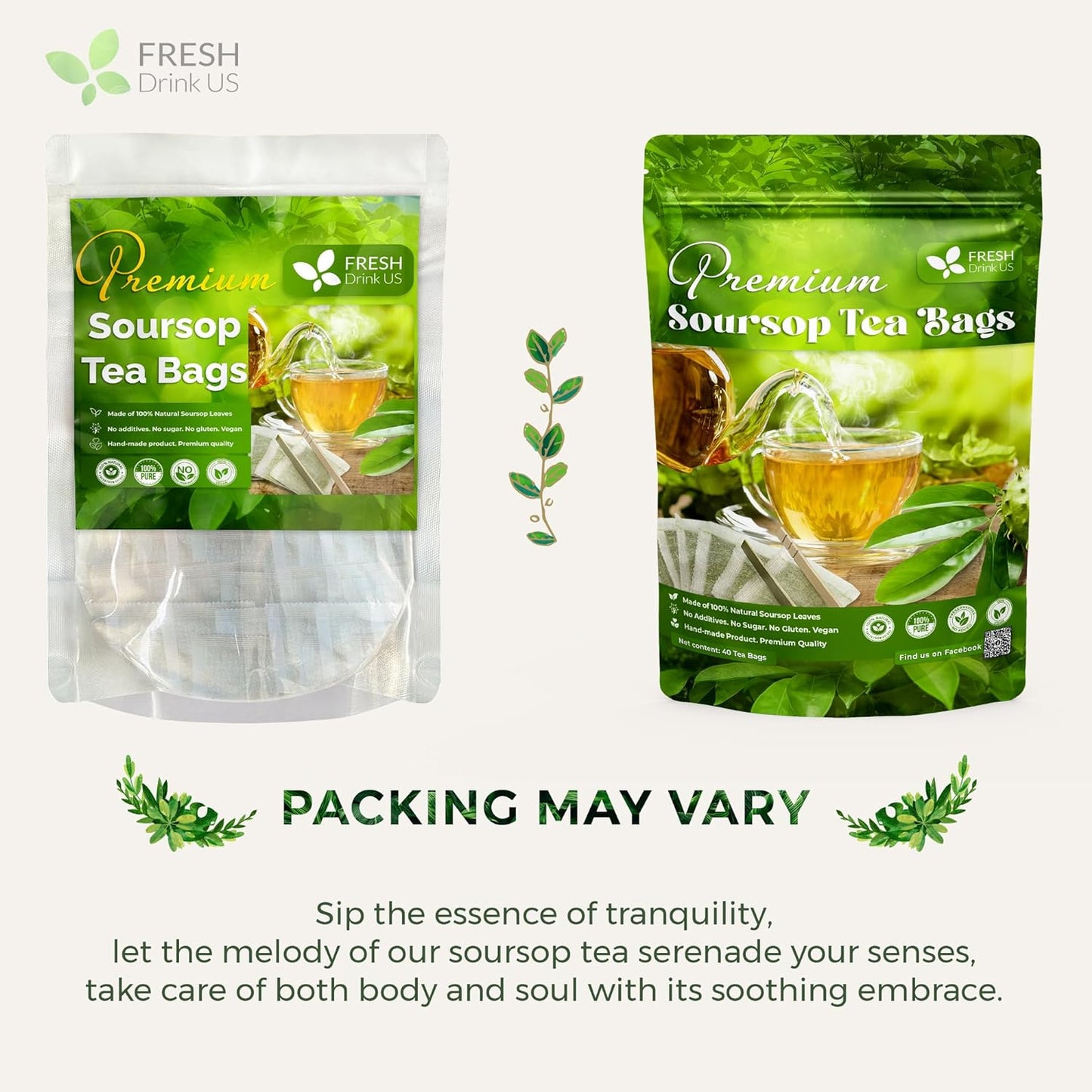 40 Premium Soursop Graviola Leaf Tea Bags, 100% Natural and Pure from Soursop Leaves, Handmade, Made With Natural Materials-Corn Fiber Tea Bag, Sugar/Caffeine/Gluten Free, Hoja Guanabana Tea